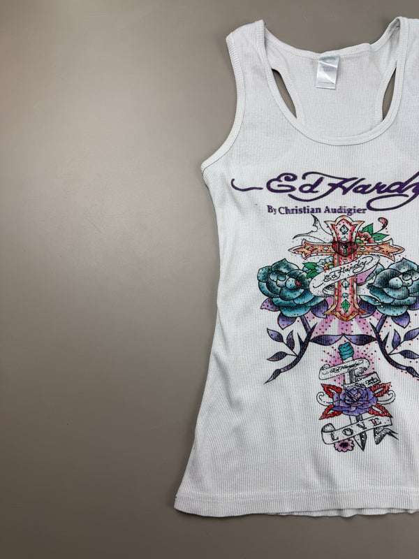 Ed Hardy by Christian Audigier "Love Cross" Ribbed Tank Top - White