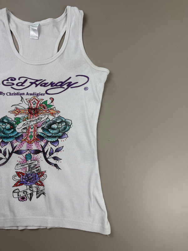Ed Hardy by Christian Audigier "Love Cross" Ribbed Tank Top - White