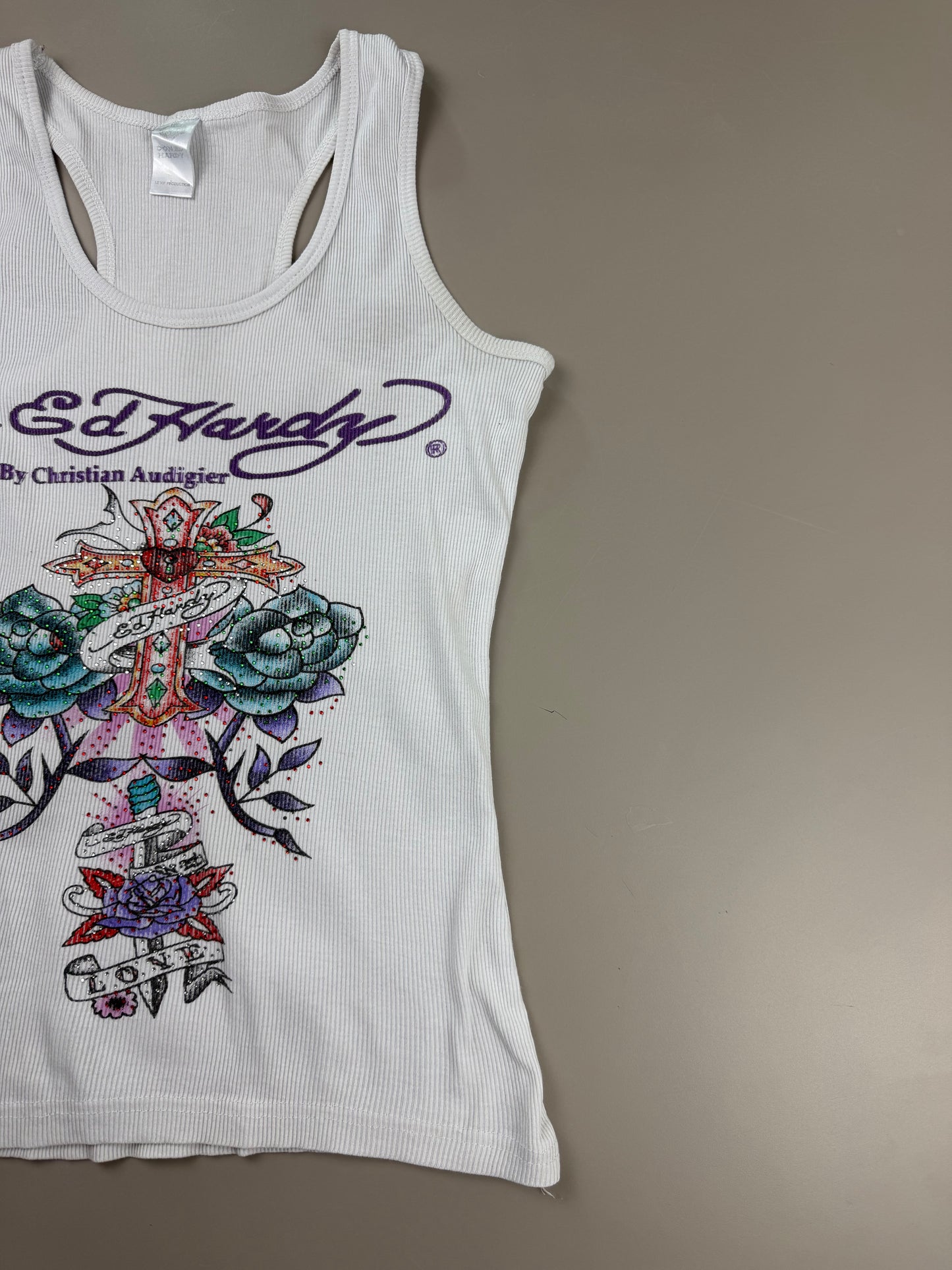 Ed Hardy by Christian Audigier "Love Cross" Ribbed Tank Top - White