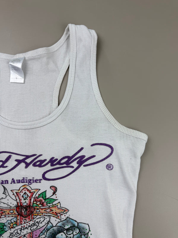 Ed Hardy by Christian Audigier "Love Cross" Ribbed Tank Top - White