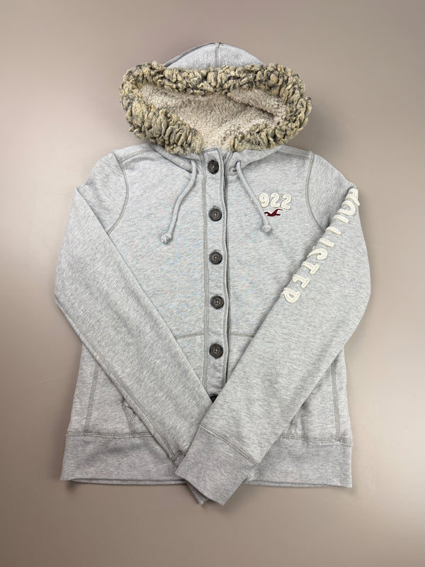 Hollister Co. "California 1922" Fur Trimmed Sherpa Hoodie - Heather Grey