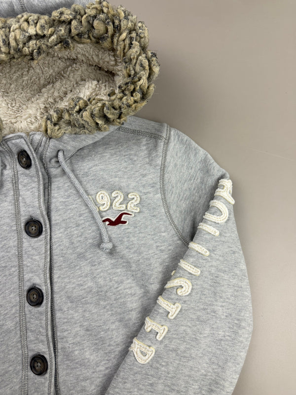 Hollister Co. "California 1922" Fur Trimmed Sherpa Hoodie - Heather Grey