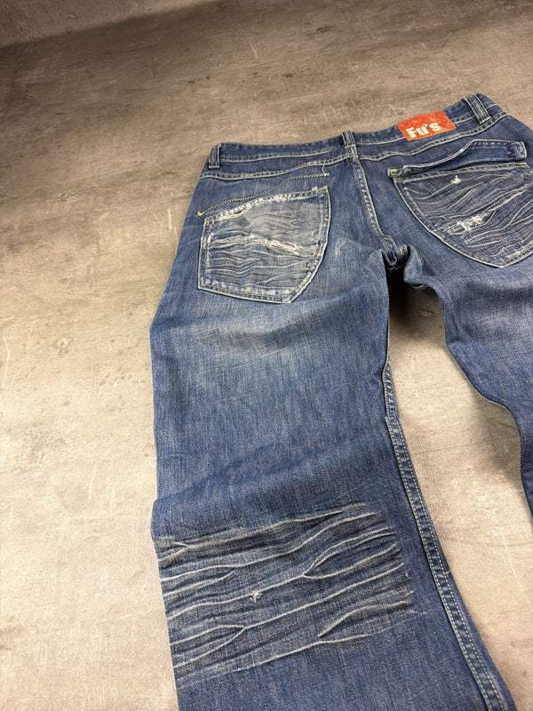 Fu's Fashion Jeans Y2K Baggy Denim - Blue Washed Distressed