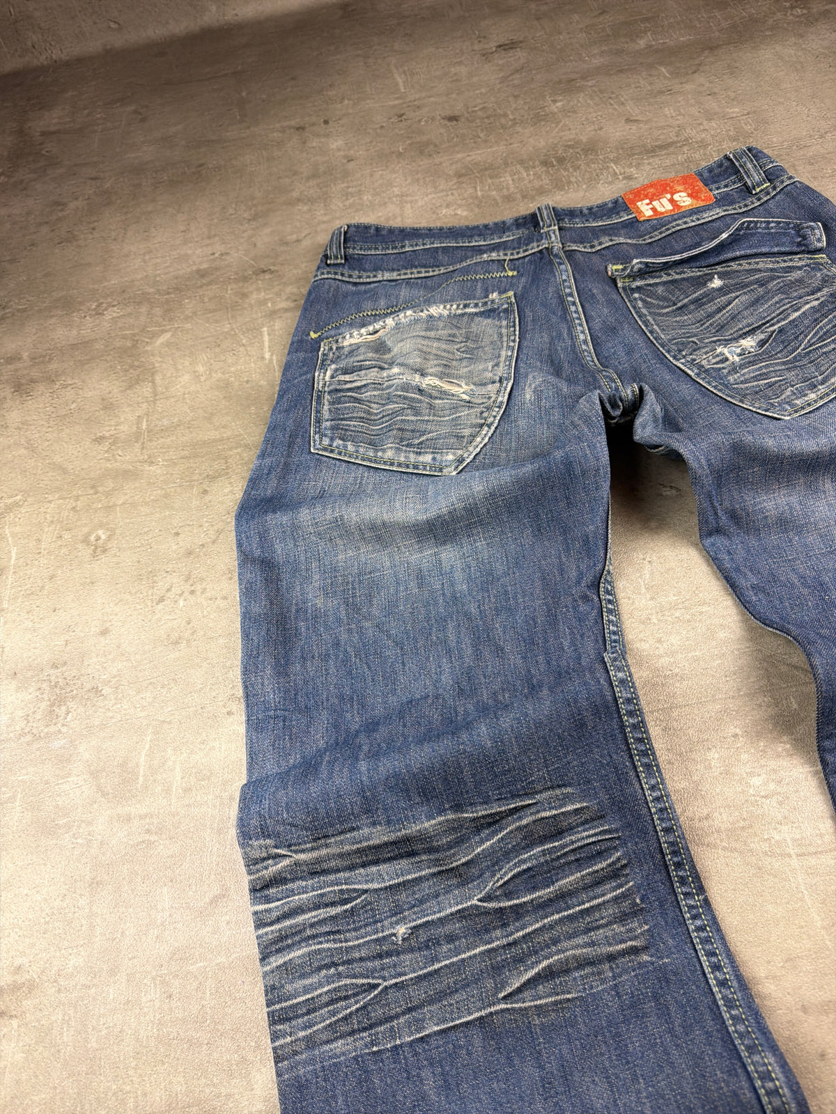 Fu's Fashion Jeans Y2K Baggy Denim - Blue Washed Distressed