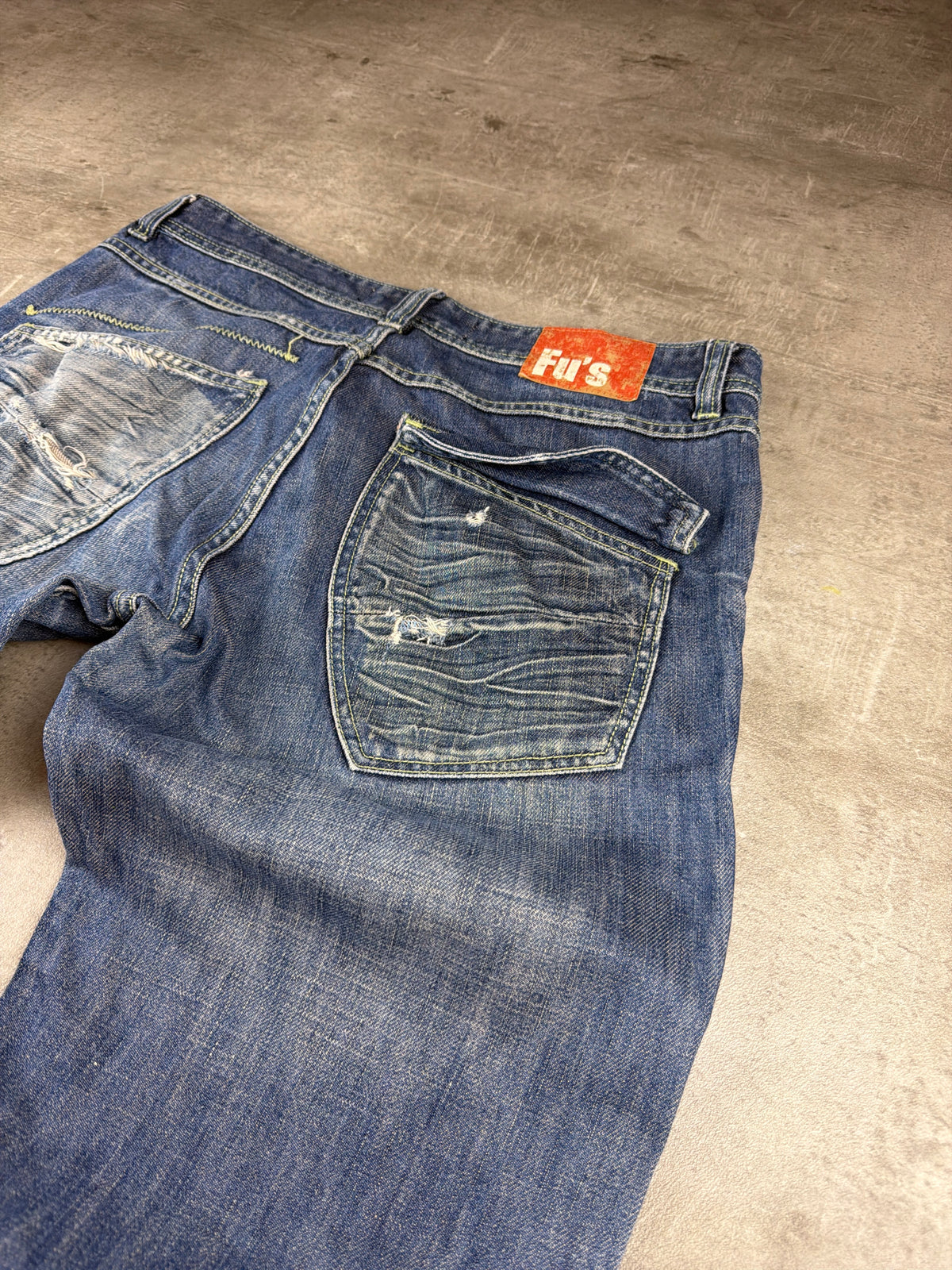 Fu's Fashion Jeans Y2K Baggy Denim - Blue Washed Distressed