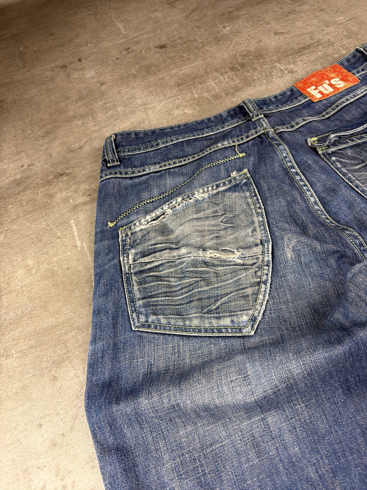 Fu's Fashion Jeans Y2K Baggy Denim - Blue Washed Distressed