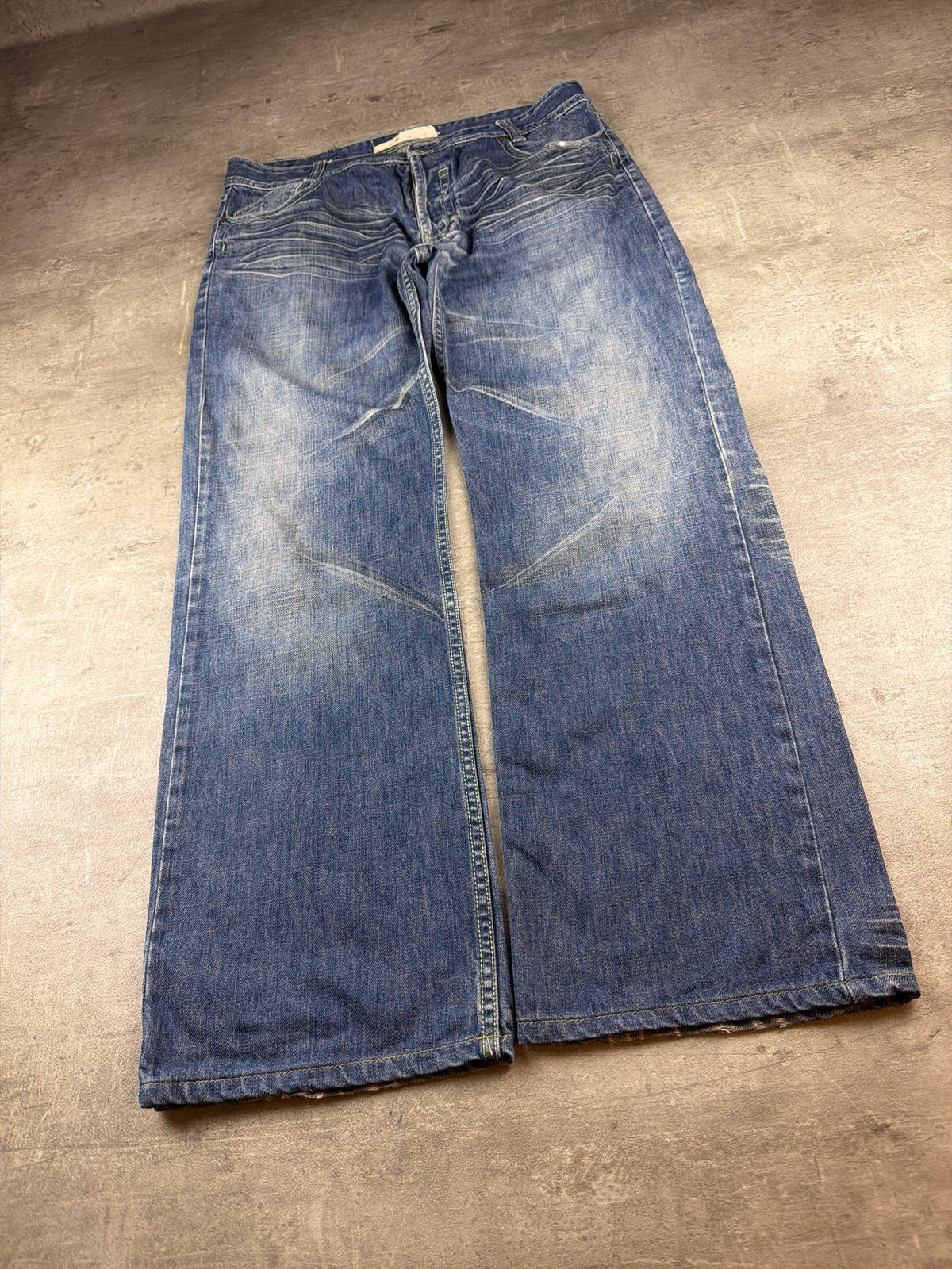 Fu's Fashion Jeans Y2K Baggy Denim - Blue Washed Distressed