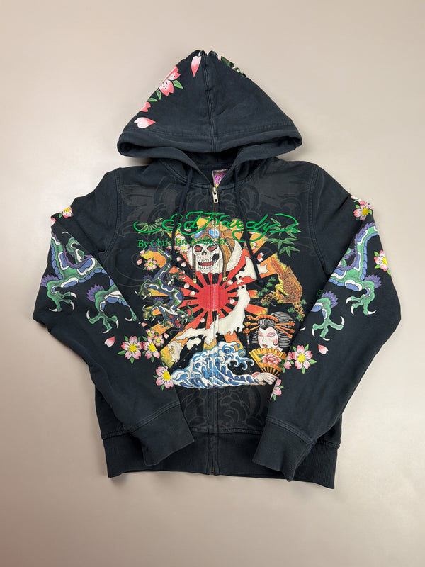 Ed Hardy Archive Tattoo "Geisha & Dragon" Graphic Zip Hoodie - Black