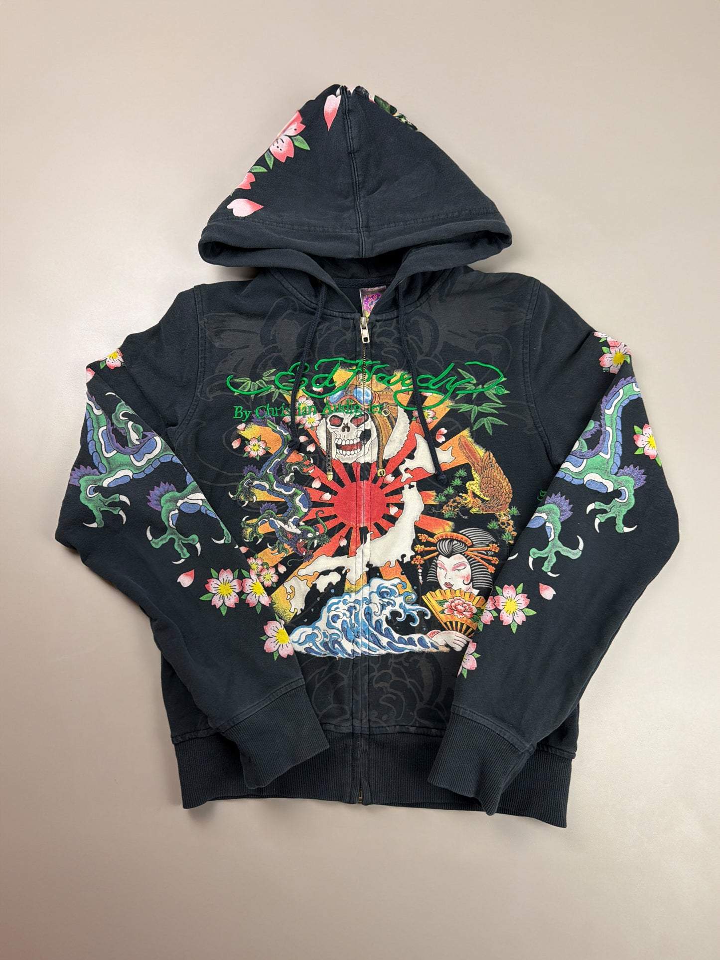 Ed Hardy Archive Tattoo "Geisha & Dragon" Graphic Zip Hoodie - Black