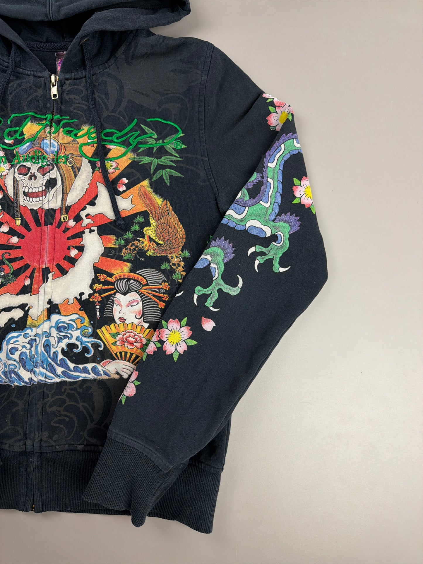 Ed Hardy Archive Tattoo "Geisha & Dragon" Graphic Zip Hoodie - Black