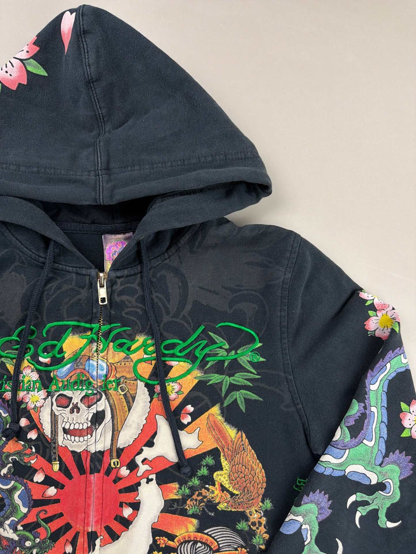 Ed Hardy Archive Tattoo "Geisha & Dragon" Graphic Zip Hoodie - Black