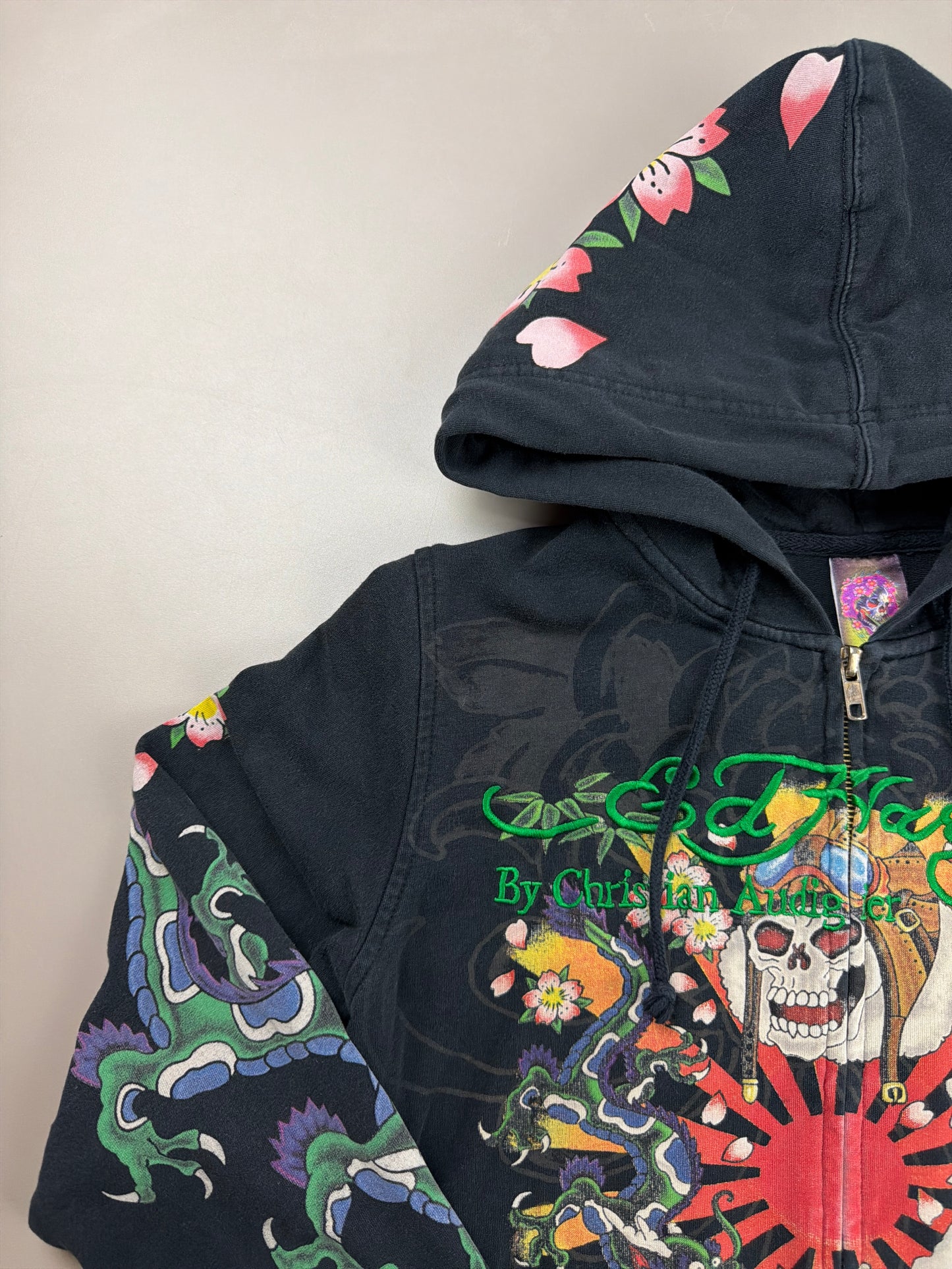 Ed Hardy Archive Tattoo "Geisha & Dragon" Graphic Zip Hoodie - Black