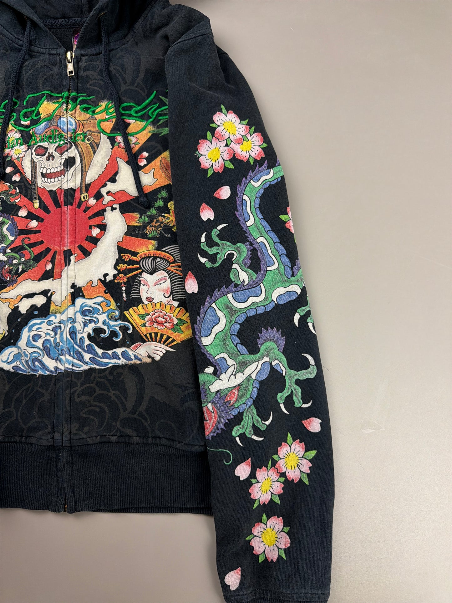 Ed Hardy Archive Tattoo "Geisha & Dragon" Graphic Zip Hoodie - Black