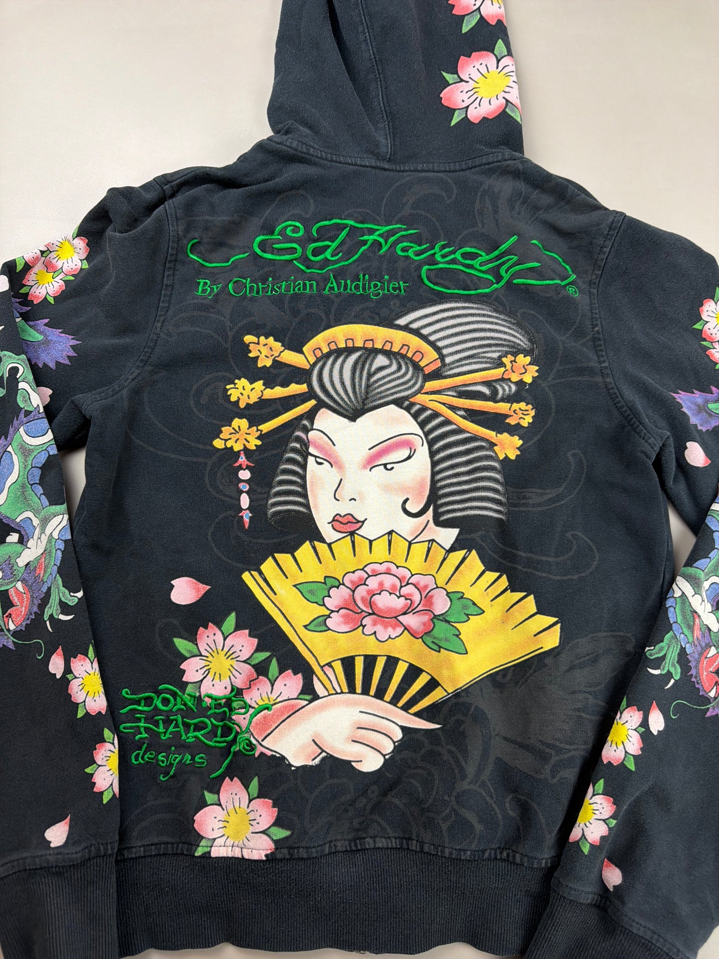 Ed Hardy Archive Tattoo "Geisha & Dragon" Graphic Zip Hoodie - Black