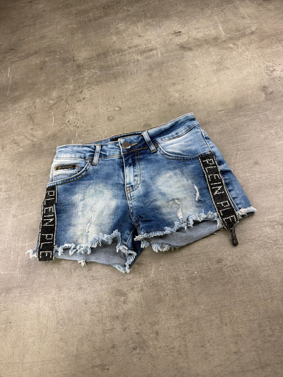 Philipp Plein Rhinestone Logo Denim Shorts - Light Blue Wash
