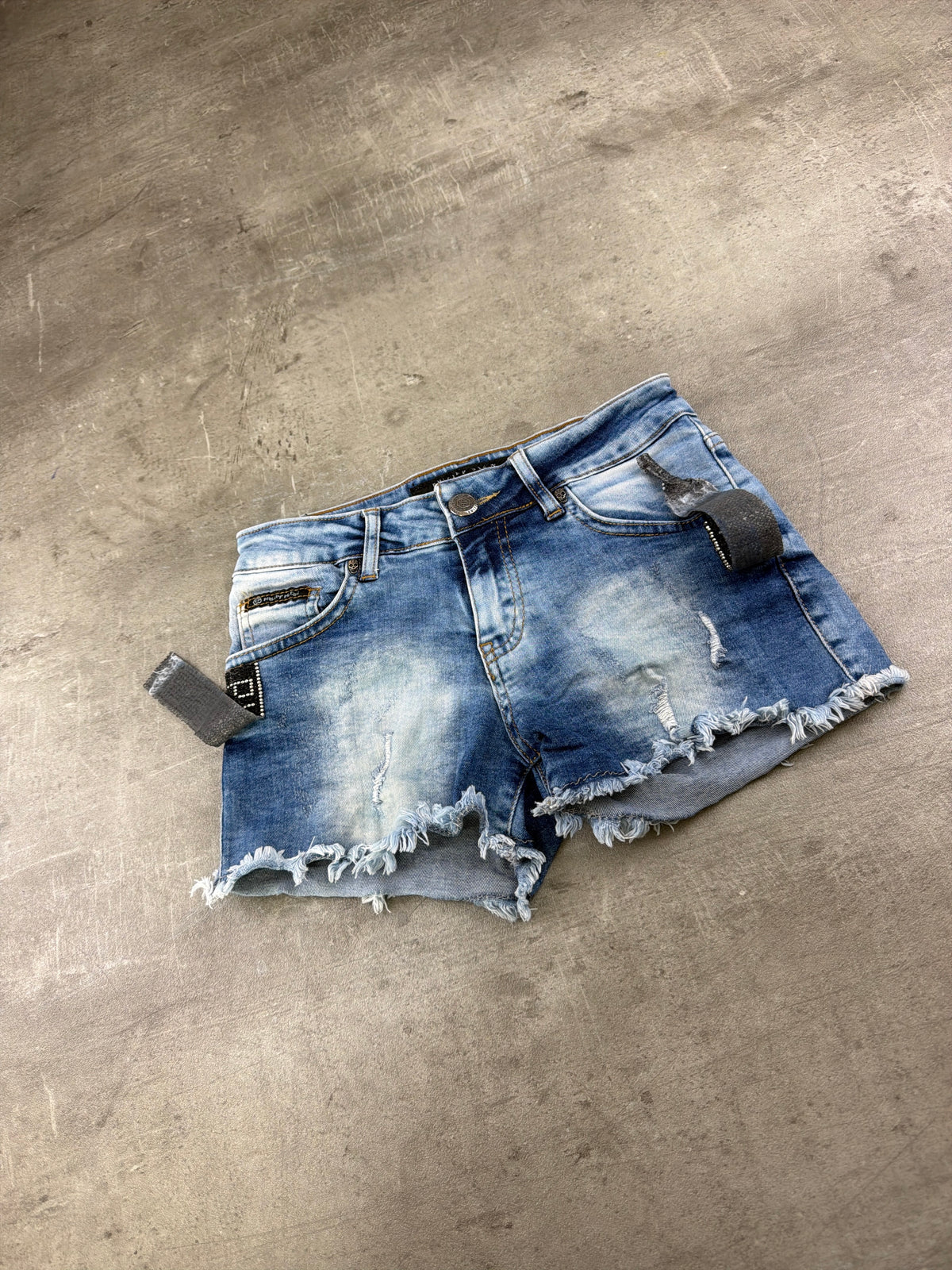 Philipp Plein Rhinestone Logo Denim Shorts - Light Blue Wash