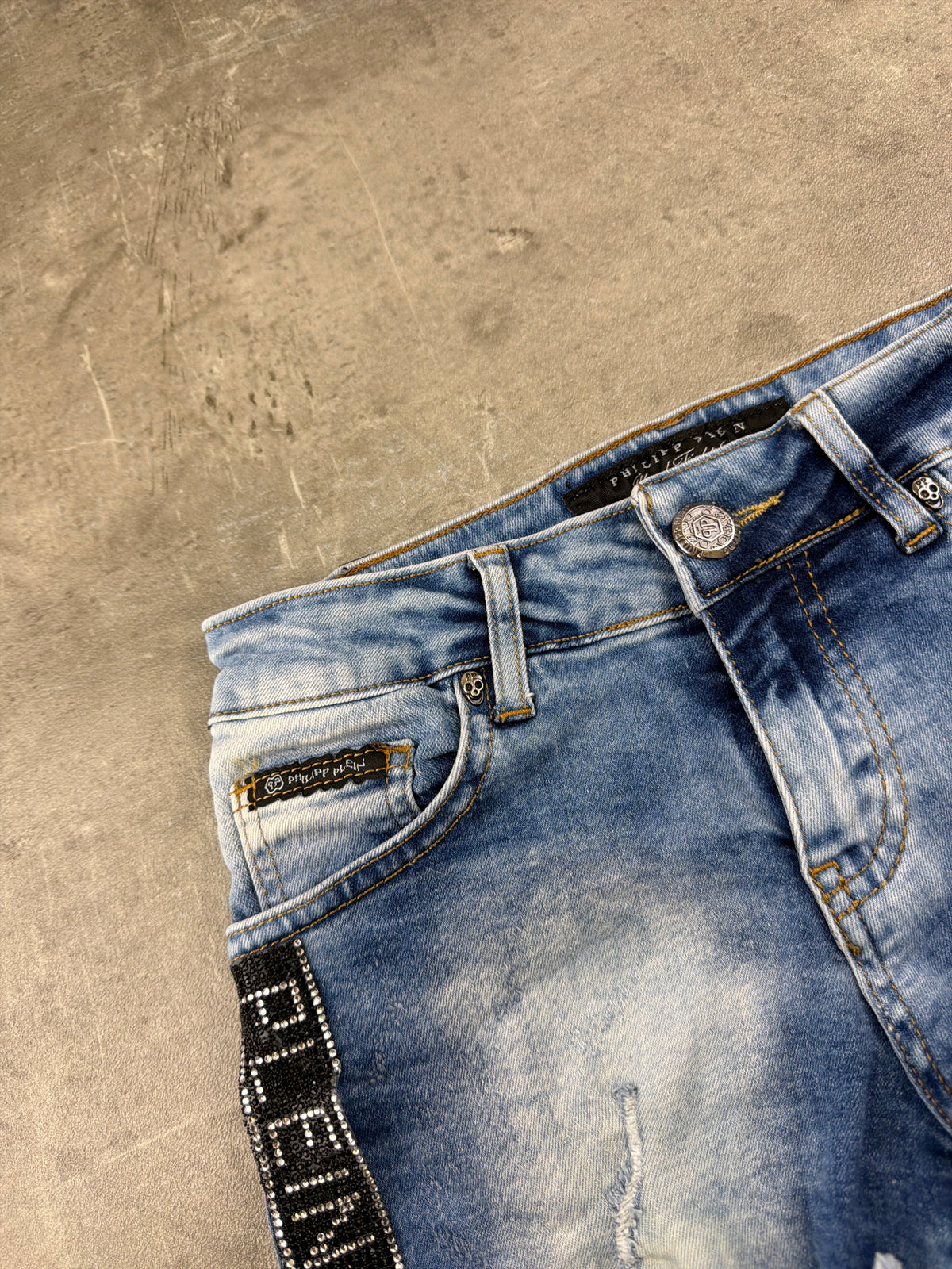 Philipp Plein Rhinestone Logo Denim Shorts - Light Blue Wash
