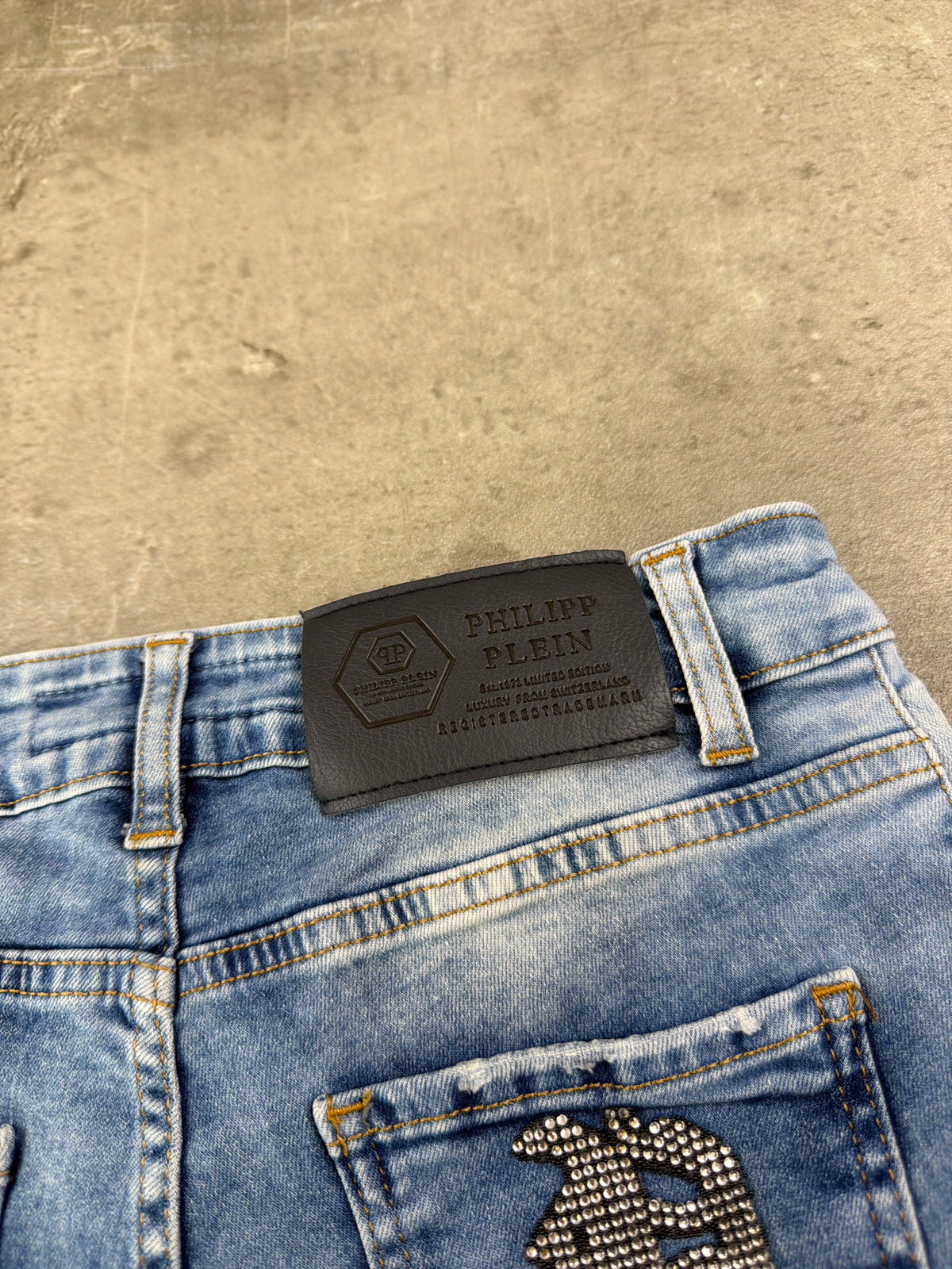 Philipp Plein Rhinestone Logo Denim Shorts - Light Blue Wash