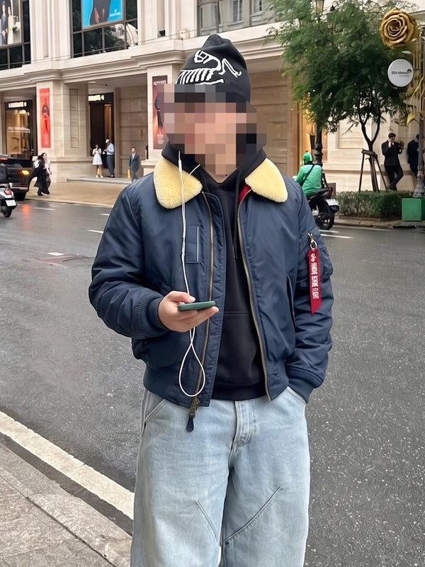 Alpha Industries Y2K "Aviator" Bomber Jacket - Navy Blue / Real Sheep Fur