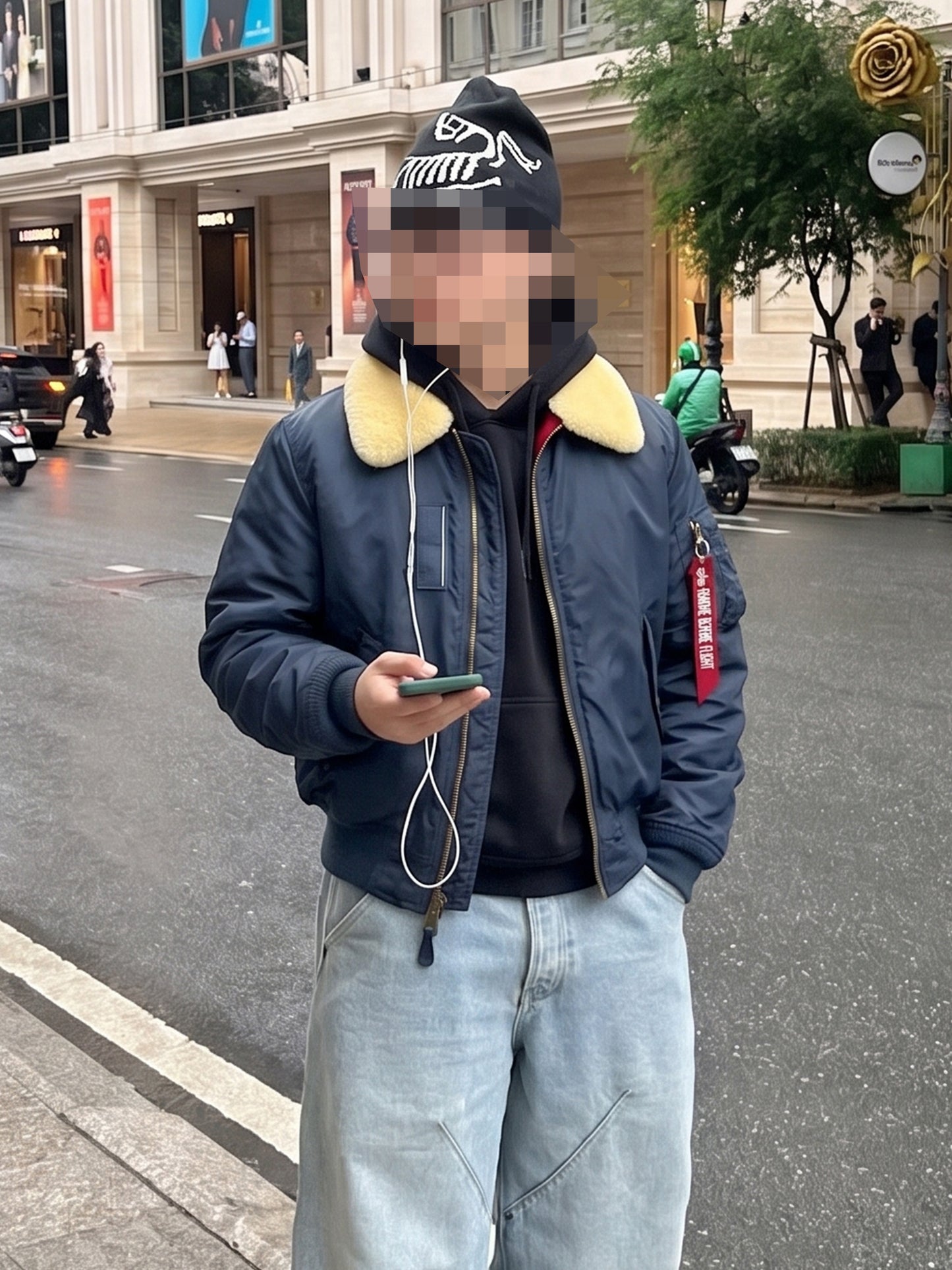 Alpha Industries Y2K "Aviator" Bomber Jacket - Navy Blue / Real Sheep Fur