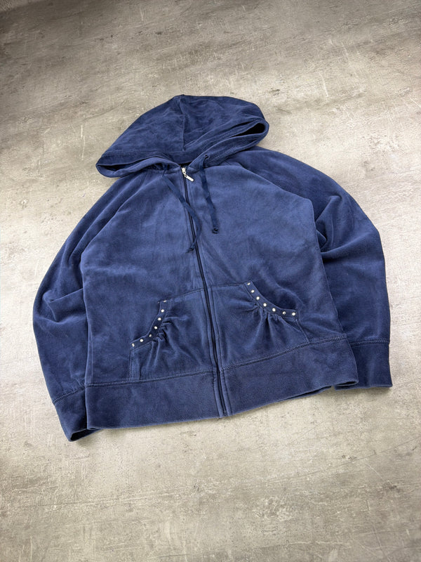 Cynthia Rowley Y2K Velour Rhinestone Zip Hoodie - Navy Blue