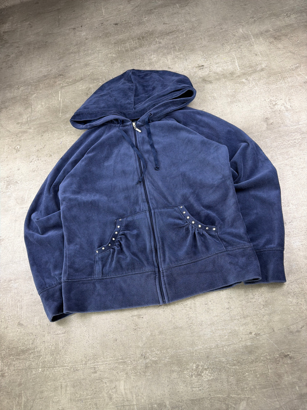 Cynthia Rowley Y2K Velour Rhinestone Zip Hoodie - Navy Blue