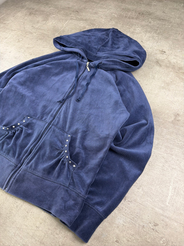 Cynthia Rowley Y2K Velour Rhinestone Zip Hoodie - Navy Blue