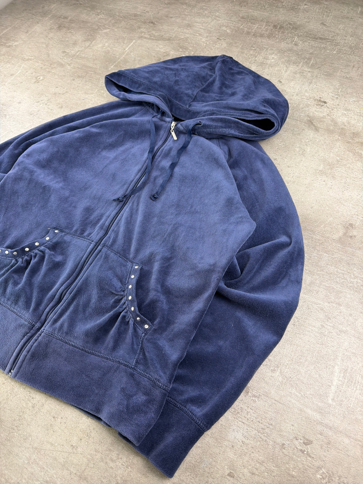 Cynthia Rowley Y2K Velour Rhinestone Zip Hoodie - Navy Blue