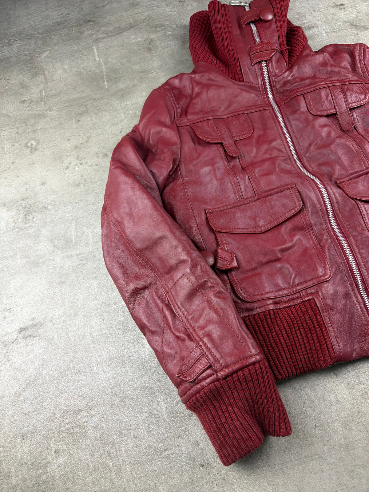 Y2K Chunky Knit Collar Biker Leather Jacket - Burgundy Red