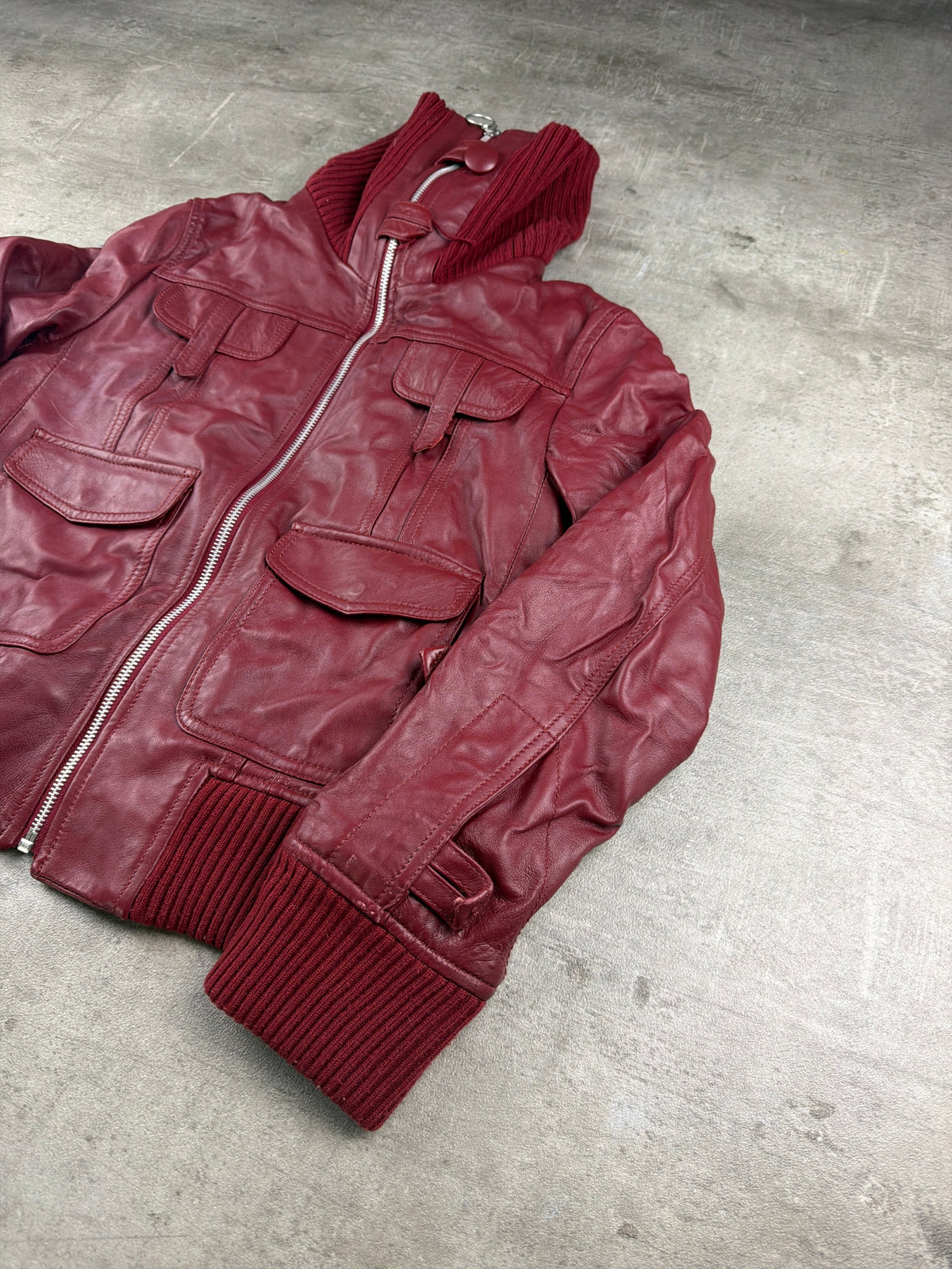 Y2K Chunky Knit Collar Biker Leather Jacket - Burgundy Red