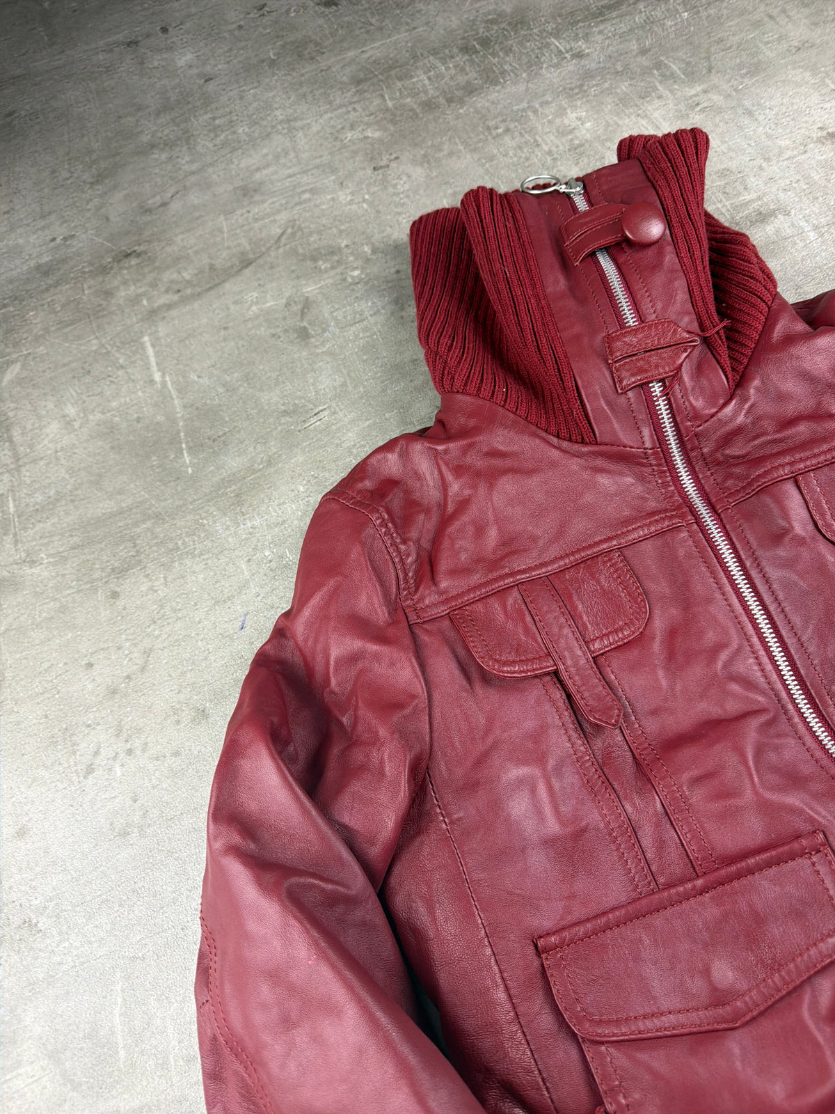 Y2K Chunky Knit Collar Biker Leather Jacket - Burgundy Red