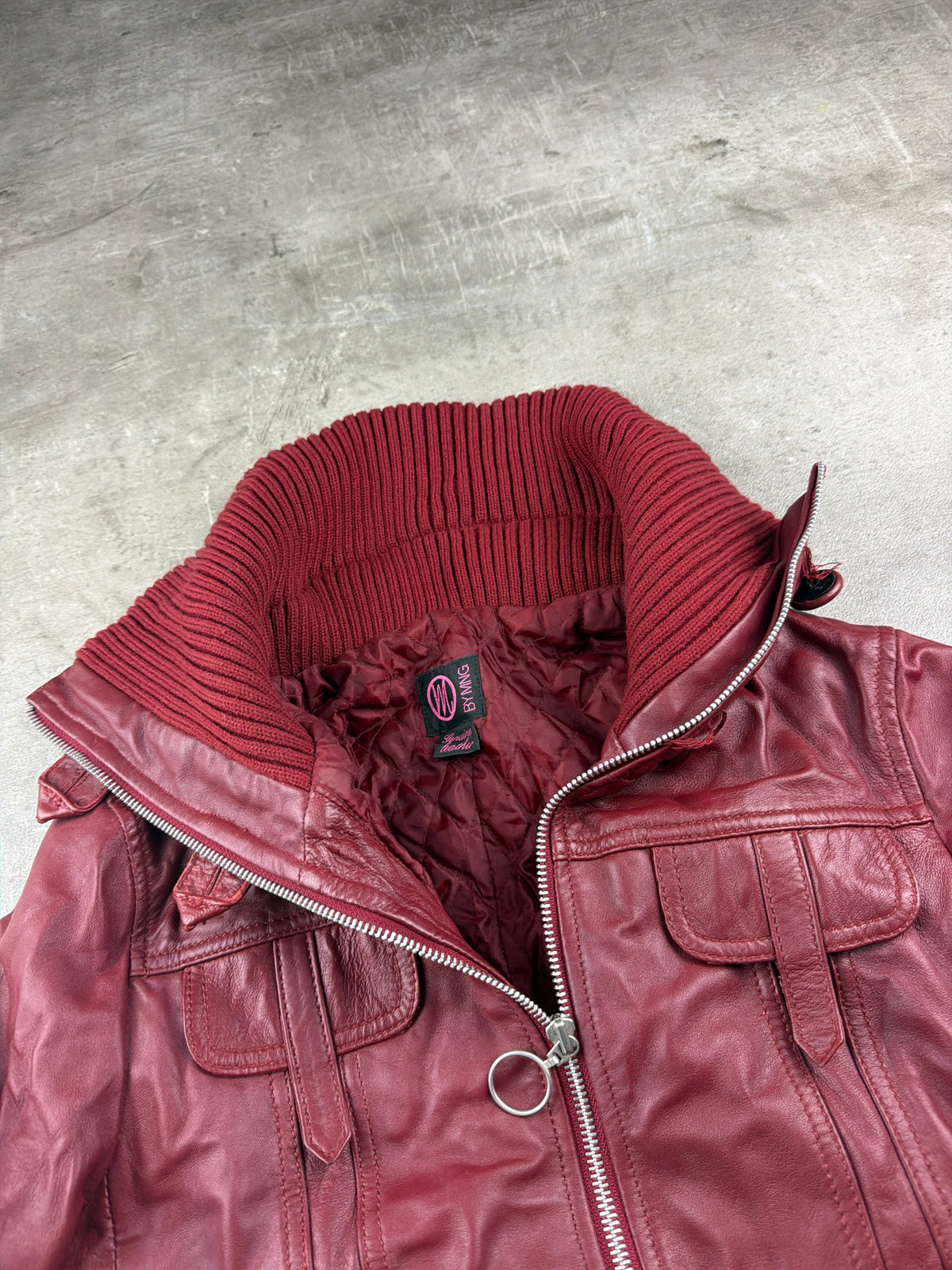 Y2K Chunky Knit Collar Biker Leather Jacket - Burgundy Red