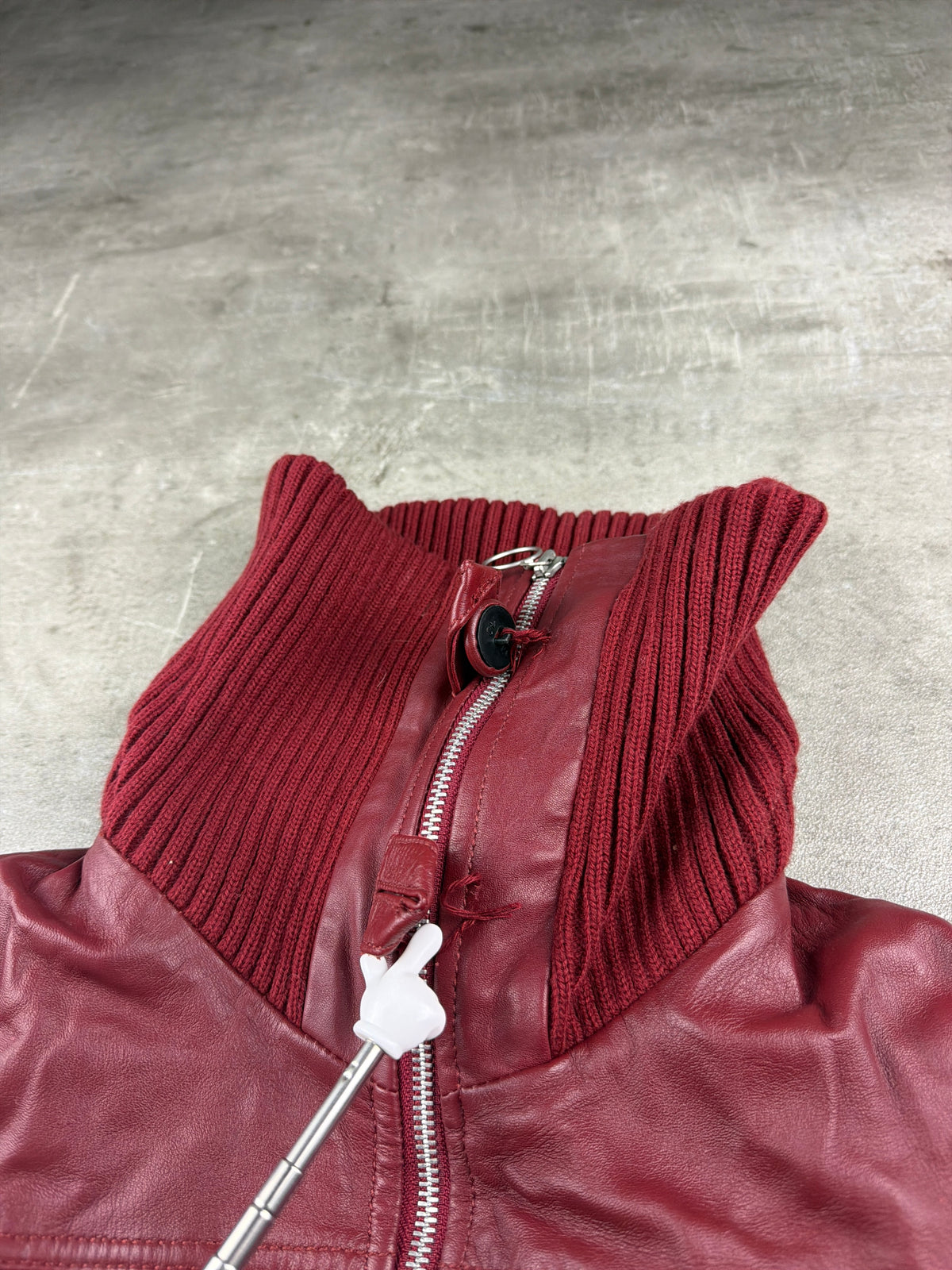 Y2K Chunky Knit Collar Biker Leather Jacket - Burgundy Red
