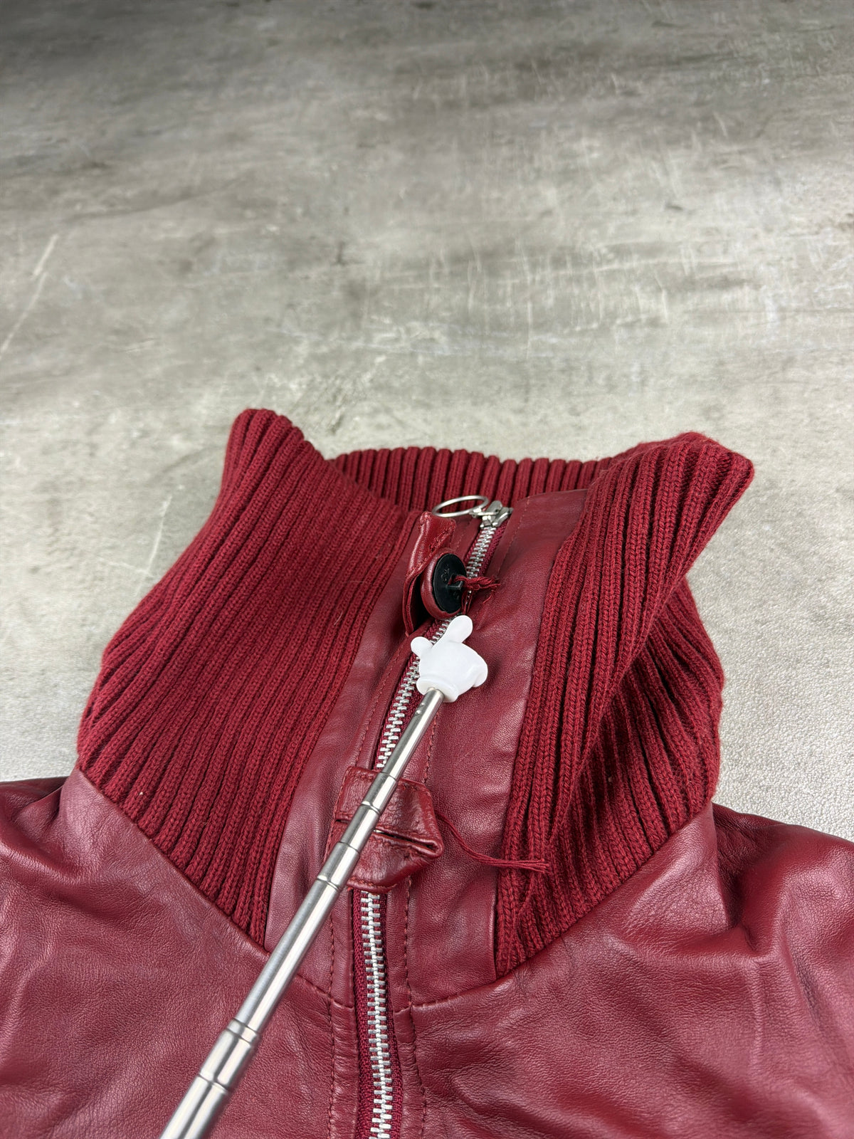 Y2K Chunky Knit Collar Biker Leather Jacket - Burgundy Red