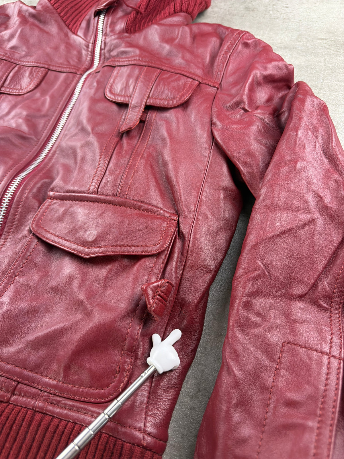 Y2K Chunky Knit Collar Biker Leather Jacket - Burgundy Red