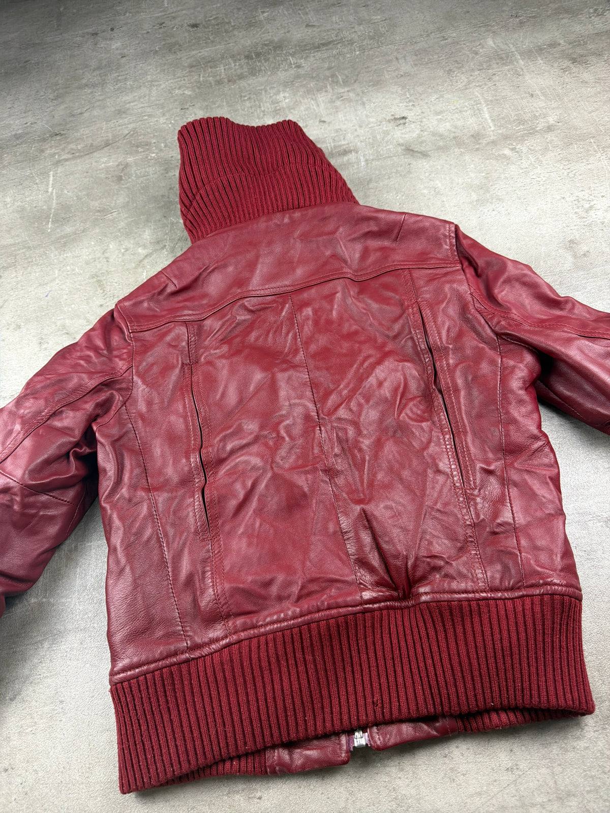 Y2K Chunky Knit Collar Biker Leather Jacket - Burgundy Red