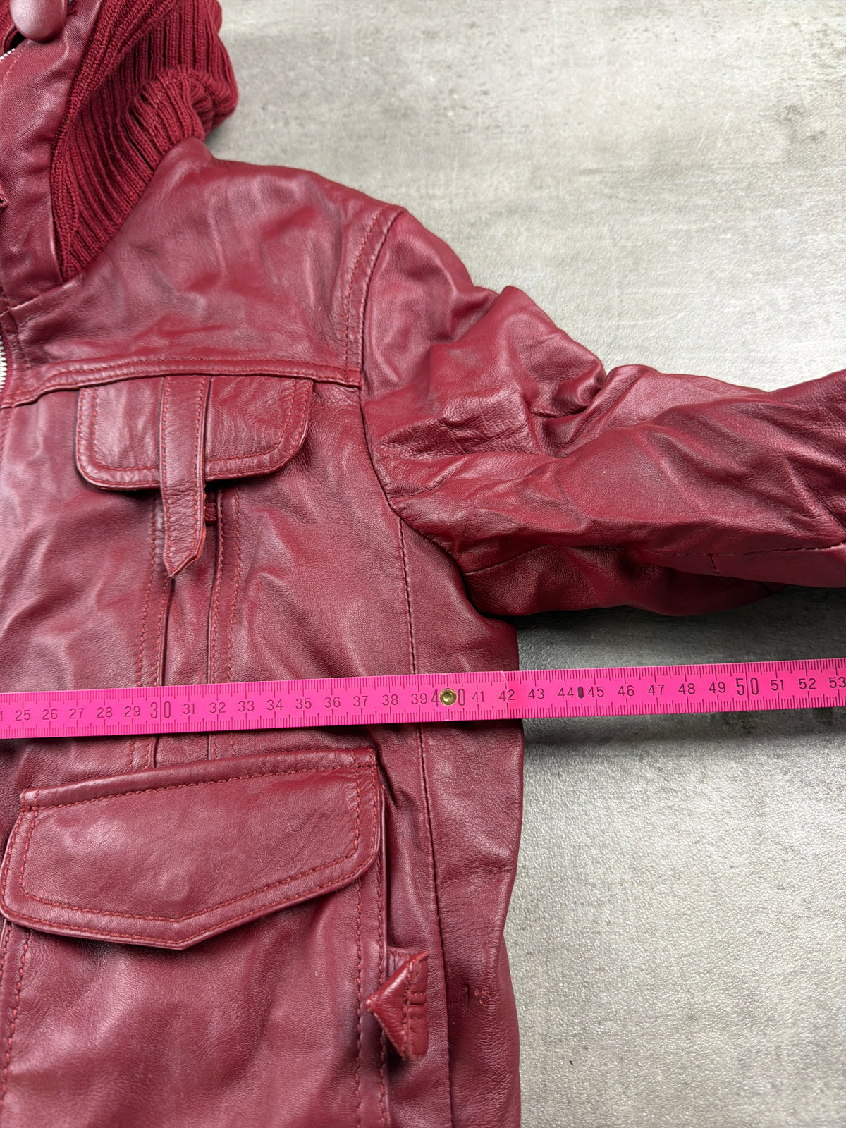Y2K Chunky Knit Collar Biker Leather Jacket - Burgundy Red
