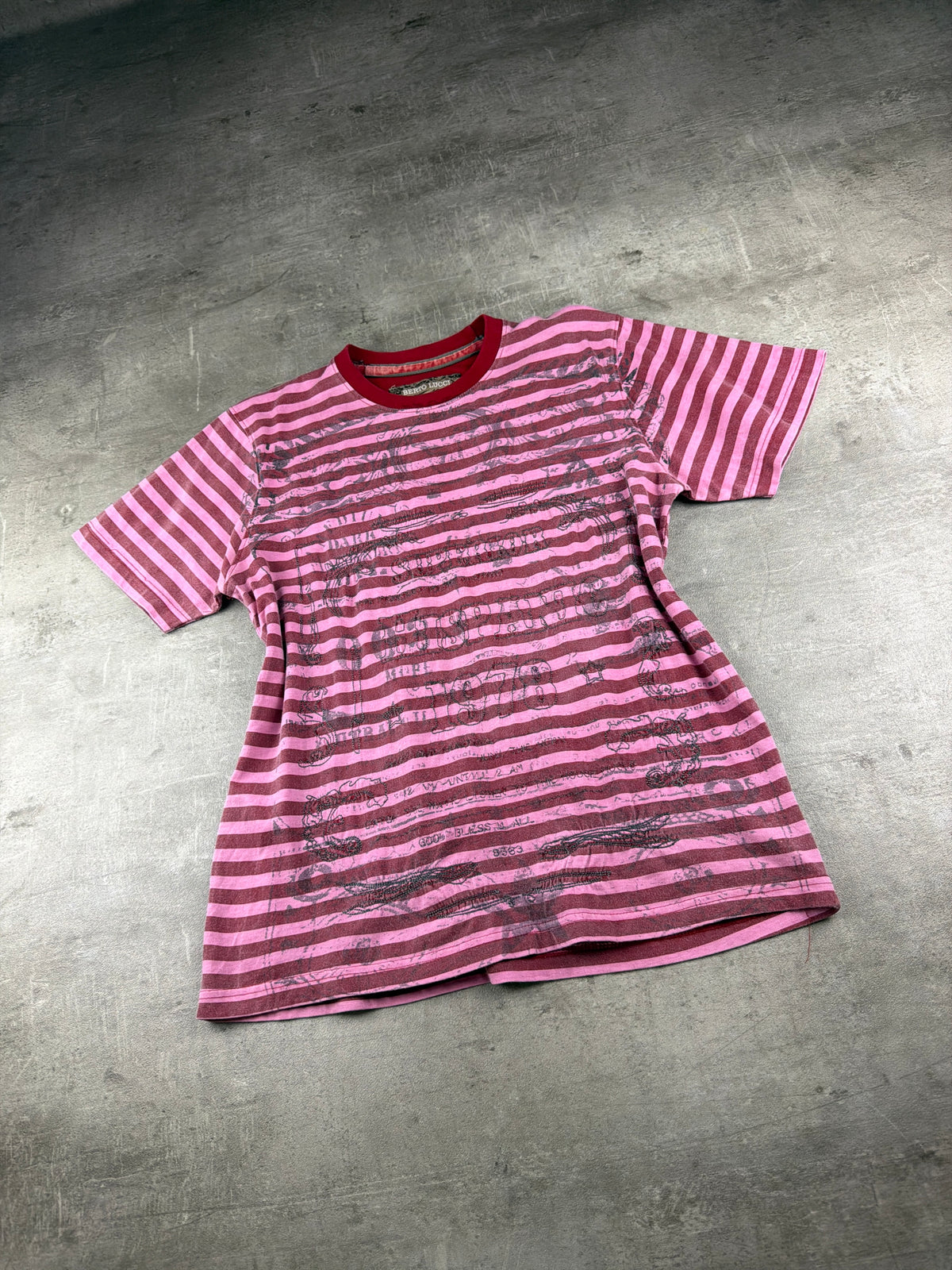 Berto Lucci Striped Graphic Print Tee - Pink / Red
