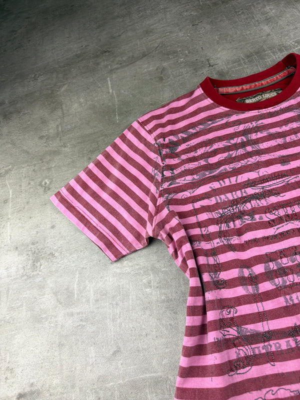 Berto Lucci Striped Graphic Print Tee - Pink / Red