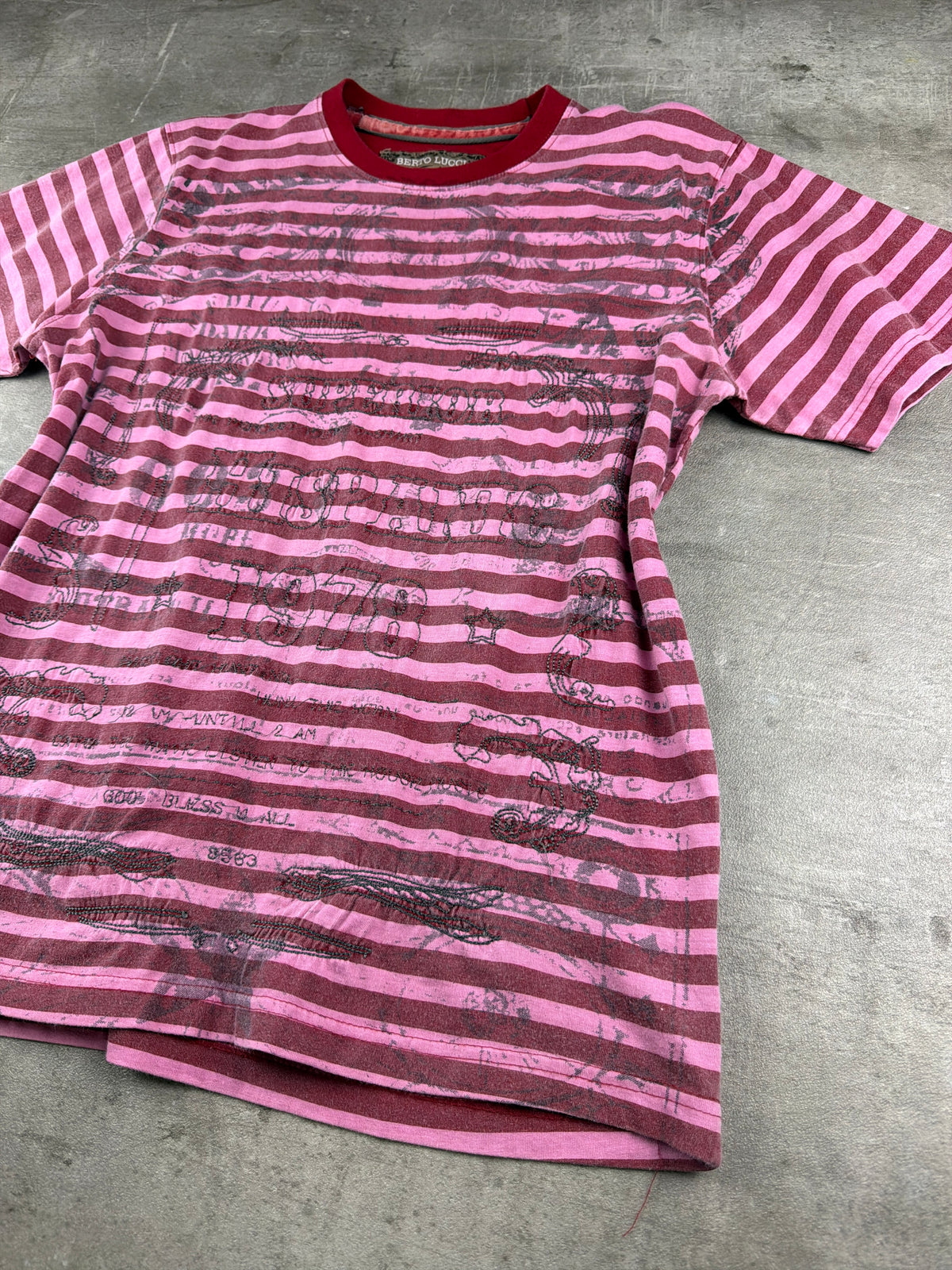 Berto Lucci Striped Graphic Print Tee - Pink / Red