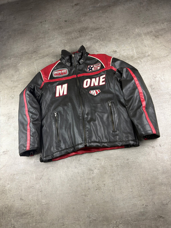 M-One Racing Team "Motor Bike Winners" Leather Biker Jacket - Black/Red