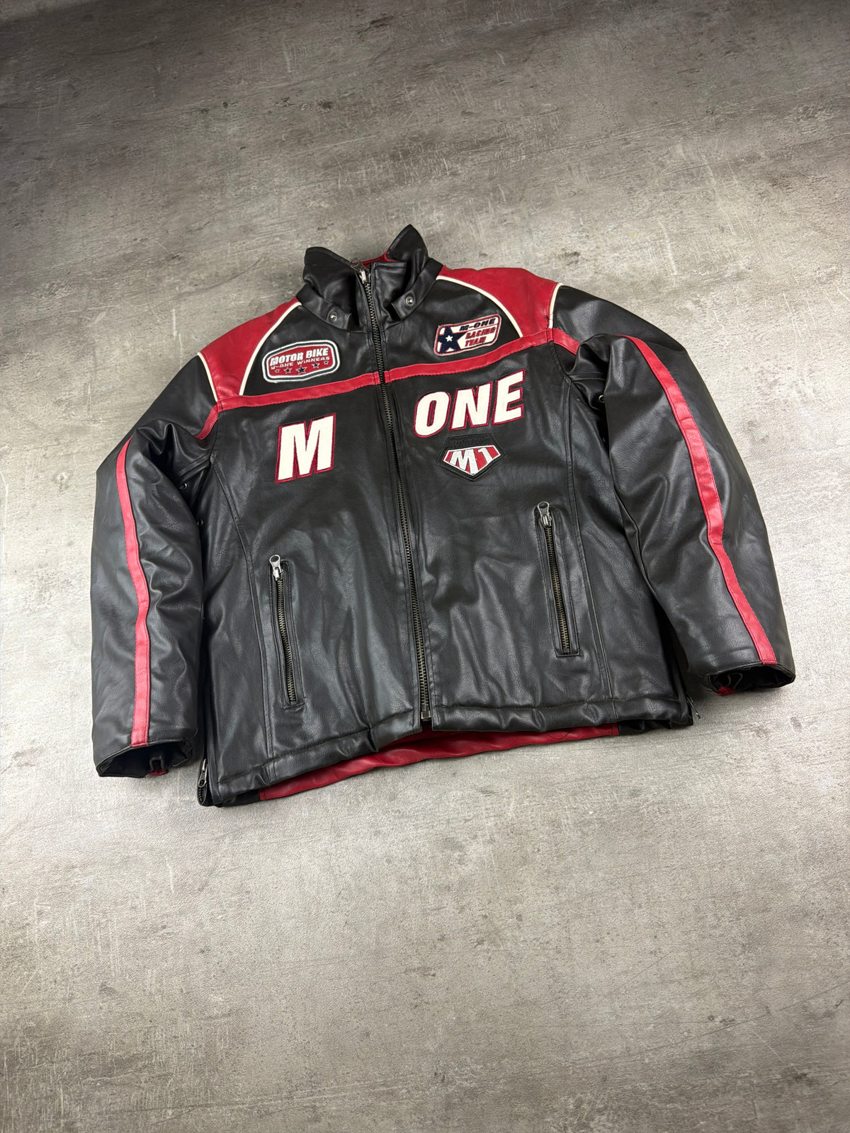 M-One Racing Team "Motor Bike Winners" Leather Biker Jacket - Black/Red
