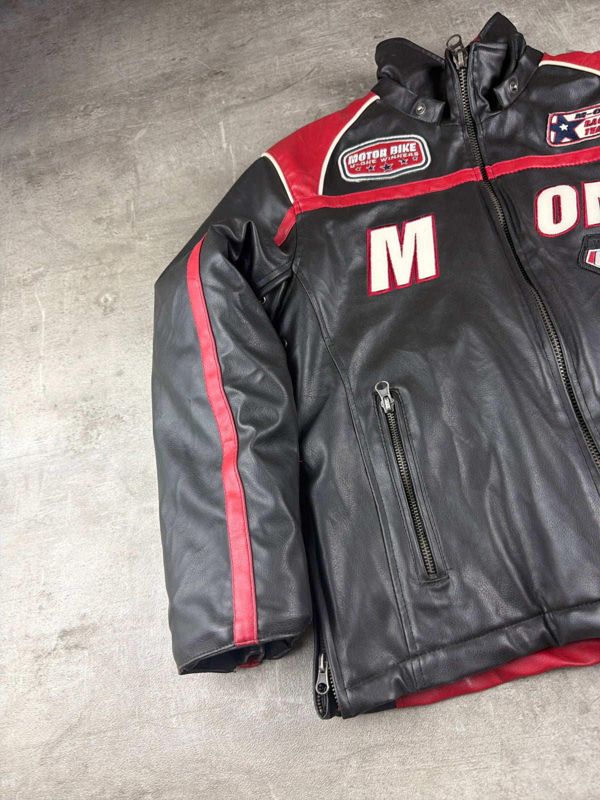 M-One Racing Team "Motor Bike Winners" Leather Biker Jacket - Black/Red