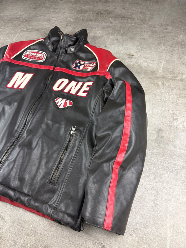 M-One Racing Team "Motor Bike Winners" Leather Biker Jacket - Black/Red