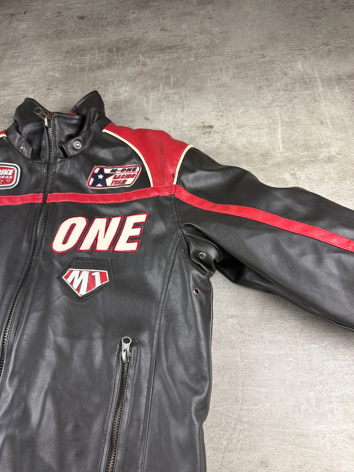 M-One Racing Team "Motor Bike Winners" Leather Biker Jacket - Black/Red