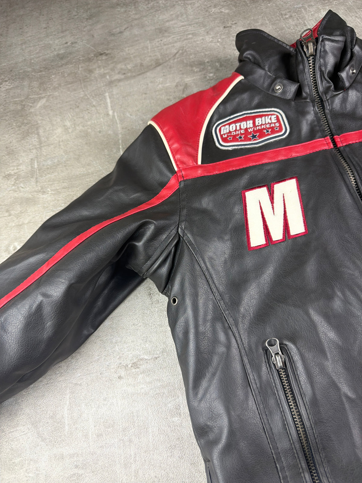 M-One Racing Team "Motor Bike Winners" Leather Biker Jacket - Black/Red
