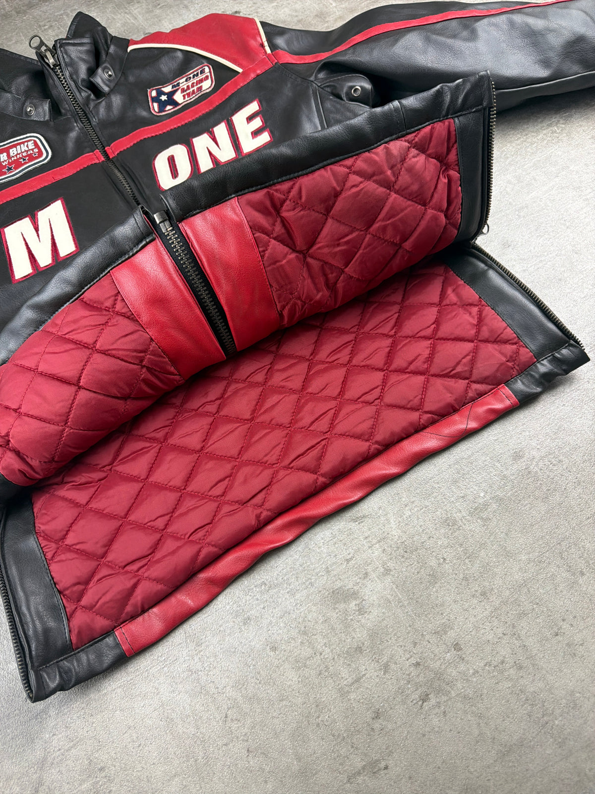 M-One Racing Team "Motor Bike Winners" Leather Biker Jacket - Black/Red