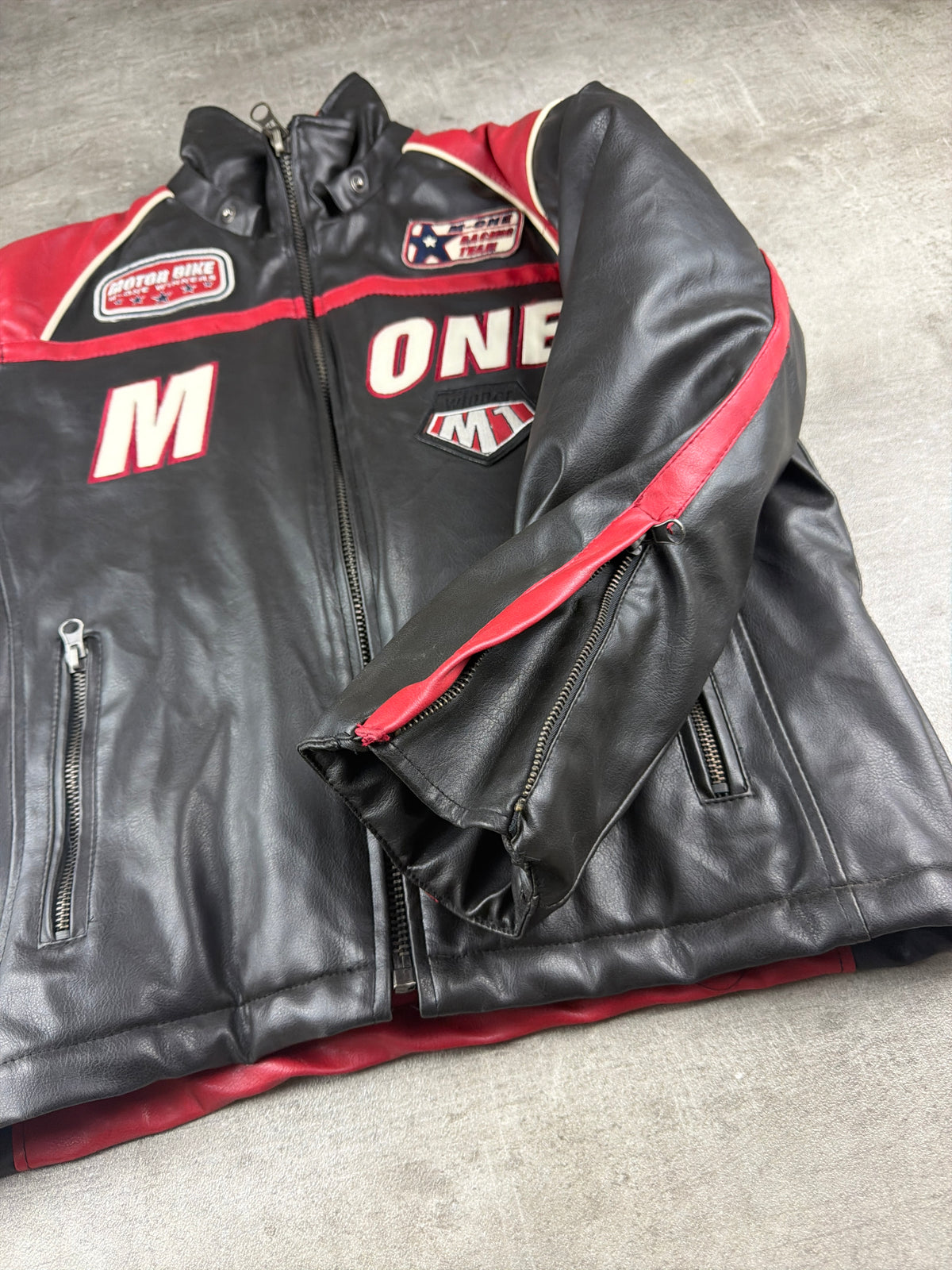 M-One Racing Team "Motor Bike Winners" Leather Biker Jacket - Black/Red