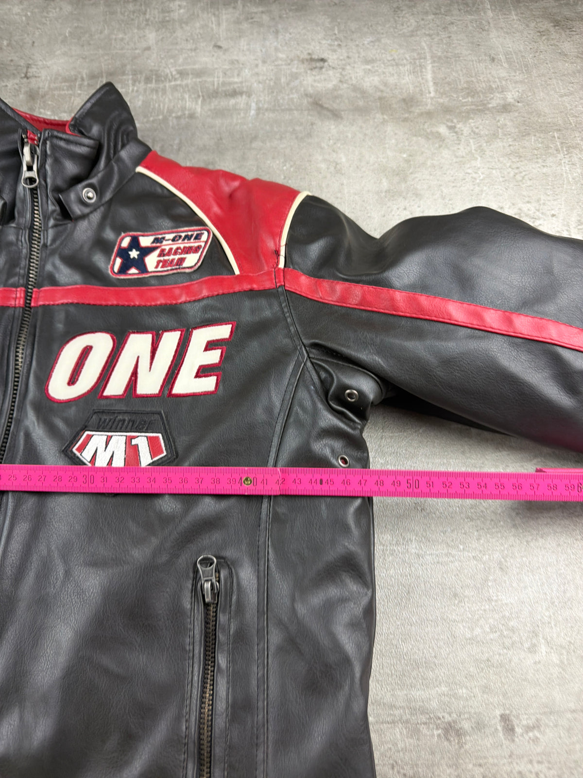 M-One Racing Team "Motor Bike Winners" Leather Biker Jacket - Black/Red