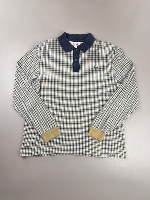 Lacoste L!VE Archive "Checkered" Longsleeve Polo - Navy & Beige